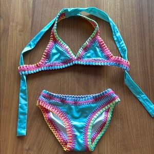 PQ Swim Blue and Pink Crochet Trim Bikini